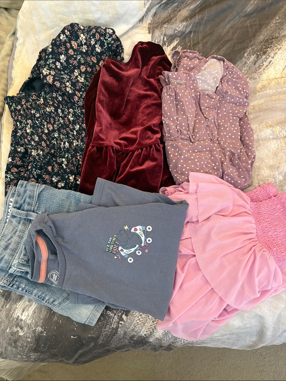 Girls Mixed Dress & Top Bundle - 3 dresses, 1 skirt, 1 shorts, 1 top